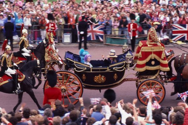 Household Cavalry escorting Queen Mother at Royal Wedding 1985